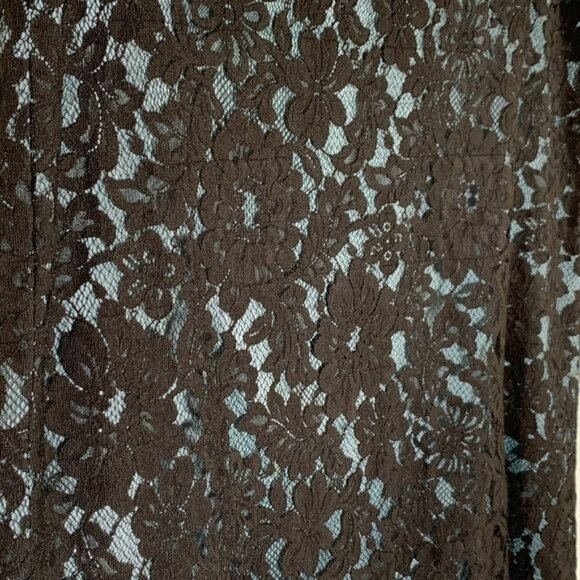 Karen Kane Lace Pencil Skirt Size 4 | Brown Blue Floral Overlay Fall Workwear - Picture 7 of 9